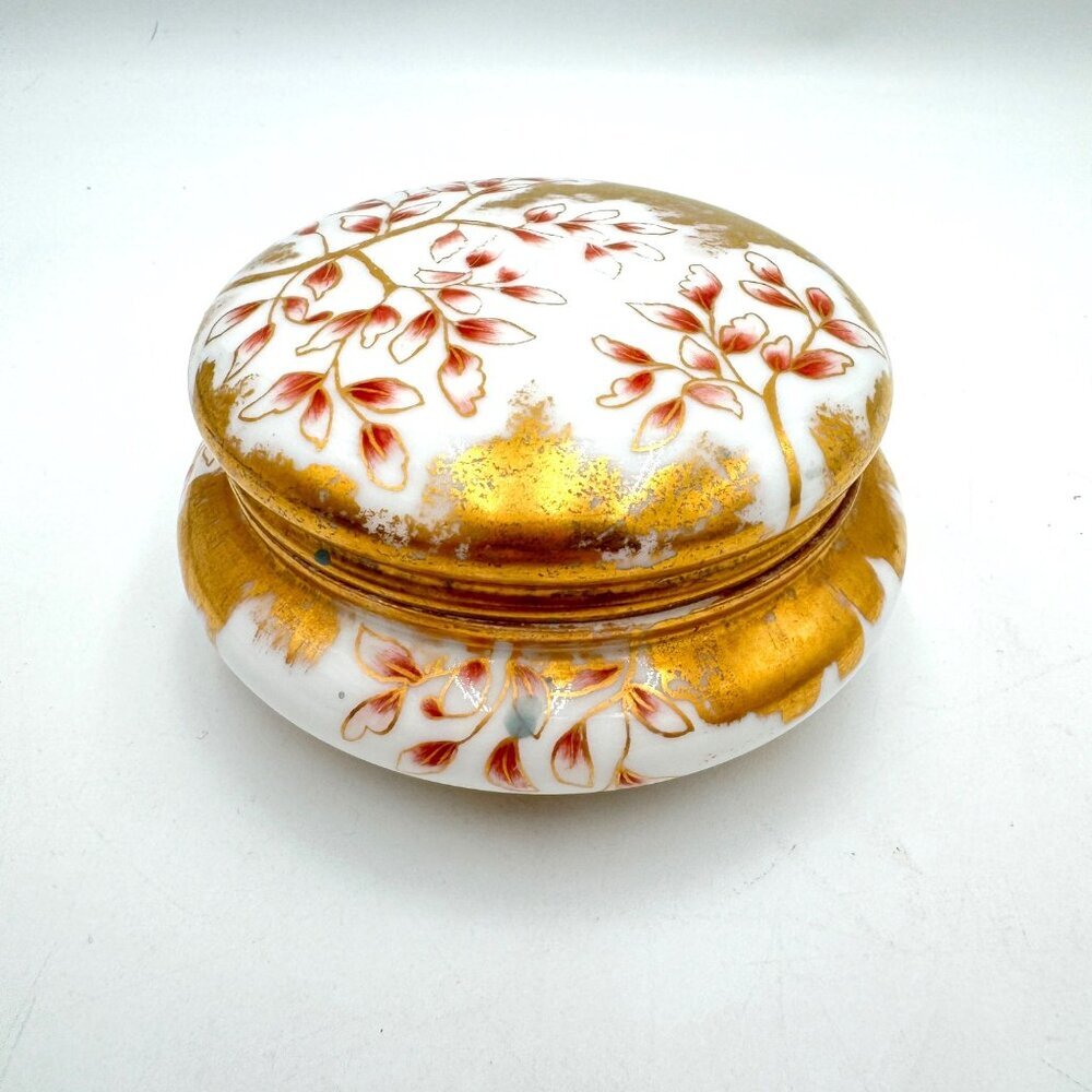 Vintage porcelain powder casket jewelry trinket round box white gold